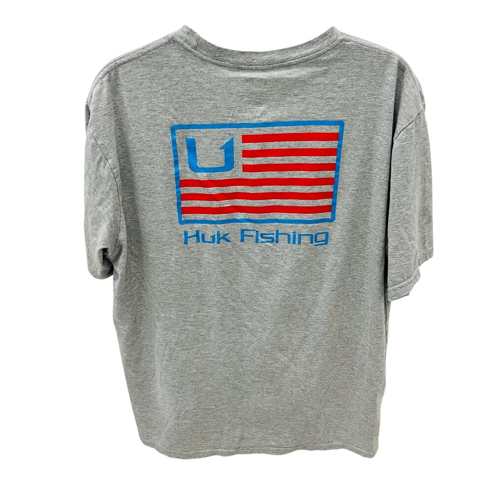 Huk Fishing Shirt Mens Large L Gray Short Sleeve Huk and Bars Flag Graphic Tee
